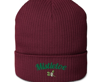 Mistletoe Embroidered Organic ribbed beanie