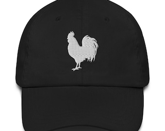 Embroidered White Rooster Dad Hat: Adjustable Farmhouse Baseball Cap