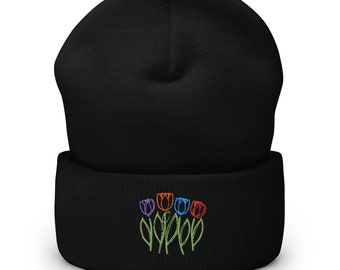 Embroidered Tulips Beanie - Colorful Purple Orange Blue Red Cuffed Beanie Hat - Cozy Winter Accessory