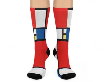 Socks Inspired by Mondrian, Colorful Cushioned Crew Socks, Red Blue Yellow Print, Artistic Footwear, Trendy Sock Gift, Abstract Design