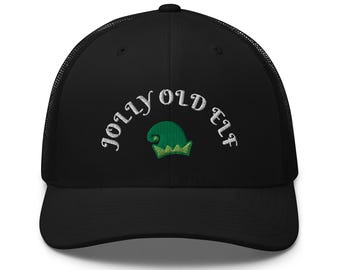 Jolly Old Elf Embroidered Trucker Hat: Retro Christmas Cap