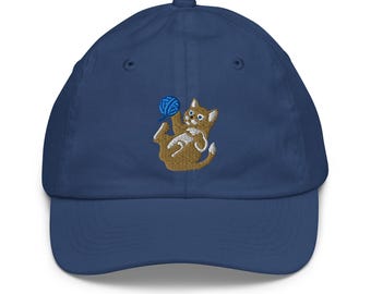 Cute Kitten & Yarn Embroidered Youth baseball cap ages 5 and up
