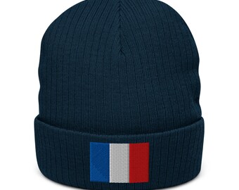 Flag of France Beanie | Embroidered Ribbed Knit Hat | Stylish French Flag Accessories for Cold Weather
