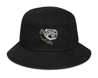 Emroidered Denim Bucket Hat White Floral Embroidery