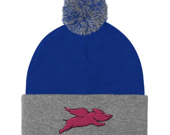 Pom Pom Beanie Embroidered Flying Piggy One Size Unisex Adult Beanie Hat