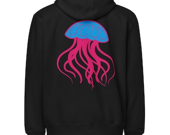 Jellyfish Back Print Full Zip Hoodie, Sea Creature Aquatic Design, Beach Coastal Style, Underwater Art, Marine Biology Gift