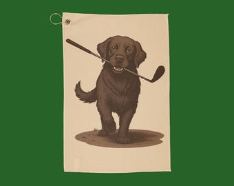 Chocolate Labrador Retriever Holding Golf Club Golf Towel | Dog Golfer Design