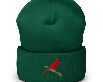 Red Cardinal Embroidered Beanie, Cuffed Winter Hat, Stylish Bird Lover Gift, Cozy Knit Cap for Cold Weather