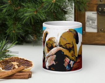 Sleeping Bulldog Pup Mug - Cute White Glossy Coffee Cup for Dog Lovers, Gift for Bulldog Enthusiasts & Pet Owners