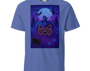 Neon Halloween Jack-o’-Lantern with Witch, Cat & Spiders  Unisex garment-dyed heavyweight t-shirt