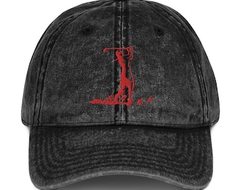 Lady Golfer in Red Embroidered Hat - Vintage Cotton Twill Cap - Unisex Golf Cap - Adult Sport Hat - Retro Style Golf Gift