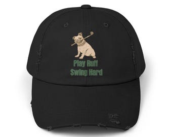 Golfing Pug Distressed Cap, Funny Dog Baseball Hat, Sporty Animal Lover Gift, Embroidered Golfing Hat, Pet Owner Accessories