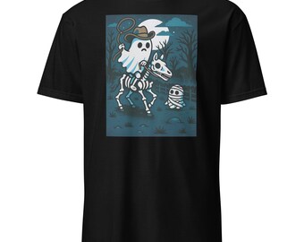 Cowboy Ghost on Skeleton Horse Halloween T-Shirt – Cute Spooky Western Short-Sleeve Unisex T-Shirt