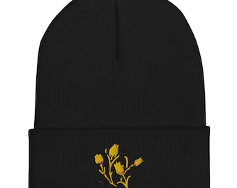 Cuffed Acrylic Beanie Embroidered Wild Yellow Tulips Art Design Unisex Adult One Size