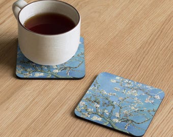 Almond Blossoms Van Gogh Coaster | Cork-back Drink Coaster | Artistic Home Decor | Unique Gifts & Art Lovers