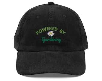 Powered by Gardening Embroidered Hat – Cottagecore Garden Lover Gift – Daisy Flower Corduroy Hat for Plant Moms and Outdoor Enthusiasts