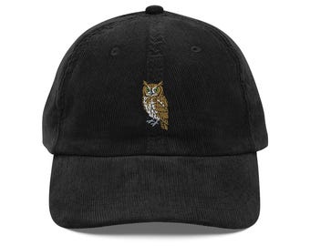 Vintage Screech Owl Embroidered Corduroy Cap - Retro Adjustable Dad Hat, Nature Lover Gift, Unisex Outdoor Style