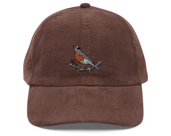 American Robin Embroidered Corduroy Cap - Vintage Style Hat - Unique Nature-Inspired Headwear - Perfect Gift
