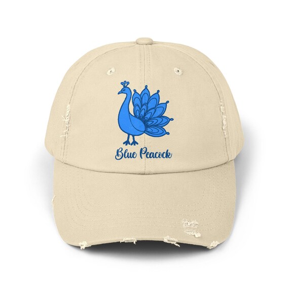 Blue Peacock Embroidered Cap: Vintage Distressed Cotton 