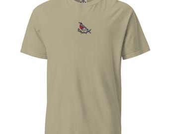 American Red Robin Embroidered Bird Tee, Heavyweight Unisex T-Shirt, Garment-Dyed Cotton Tee, Vintage Style Casual Top
