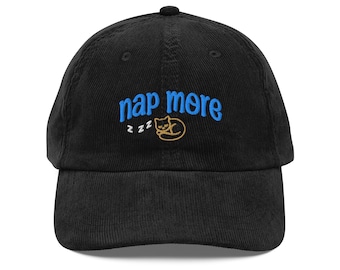Nap More Hat – Embroidered Corduroy Dad Hat with Sleeping Cat, Funny Gift for Cat Lovers, Cozy Chillcore Aesthetic Vintage corduroy cap