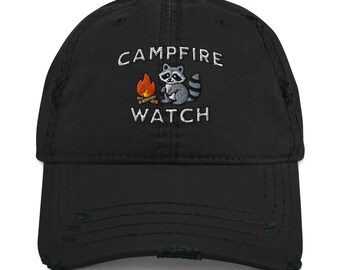 Campfire Watch Raccoon Embroidered Distressed Dad Hat