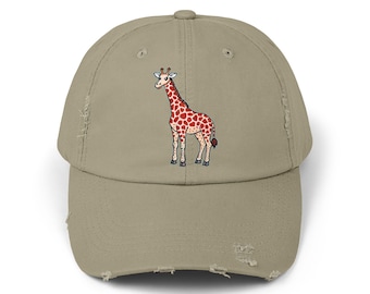 Kawaii Giraffe Distressed Cap for Men and Women, Cute Animal Print Sun Hat, Adjustable Baseball Cap, Hat with Giraffe Design, Unisex Safari