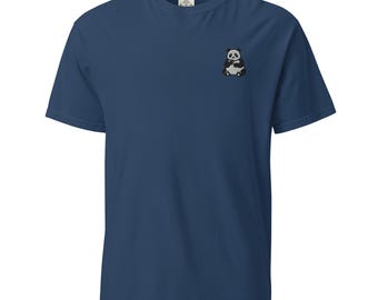 Heavyweight Unisex T-Shirt with Hungry Panda Bear Embroidery, Garment-Dyed Casual Tee, Soft Durable Cotton Shirt for Men & Women
