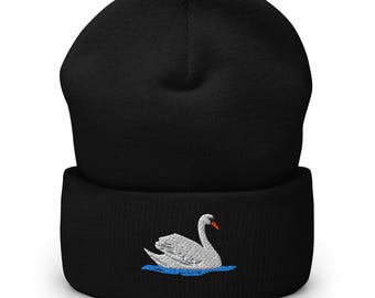 Swan Embroidered Beanie, Cuffed Bird Hat for Women, Cute Winter Accessory, Fleece Lined & Cozy, Gift for Bird Lovers