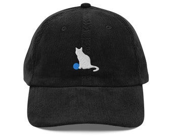White cat Blue Ball Embroidered Vintage corduroy cap