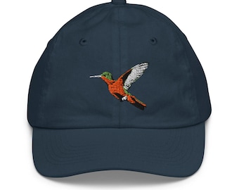 Cinnamon Hummingbird Youth Cap: Embroidered Youth Baseball Hat for Ages 5+, Cute Bird Design & Adjustable Size