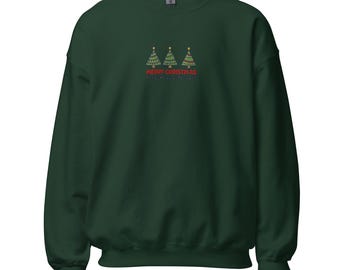 Merry Christmas Trees Embroidered Sweatshirt 8oz, Festive Holiday Crewneck, Cozy Christmas Lights Pullover