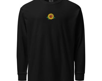 Sunflower Embroidered Heavyweight Long Sleeve Shirt, Garment-Dyed Casual Top