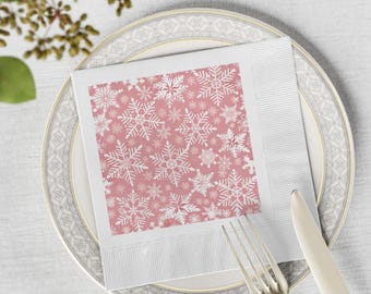 50 White and Pink Christmas Snowflakes Napkins, 6.5" Square Festive Table Decor, Holiday Party Supplies, Winter Table Setting & More