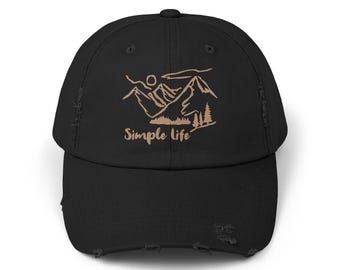 Simple Life Minimalist Mountain and Forest Line Art Unisex Distressed Cap