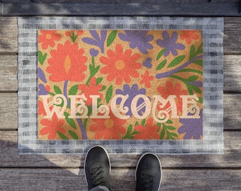Colorful Floral Welcome Doormat - 24x16" Coir Entry Mat with Retro Flowers Doormat