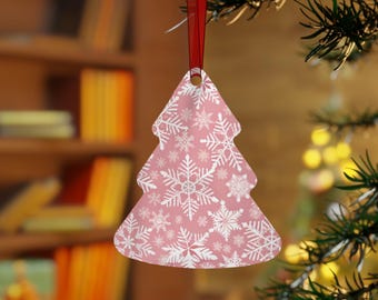 Christmas Tree Ornaments - Pink Snowflakes Metal Decorations for Holiday Decor, Festive Home Accent & Gifts