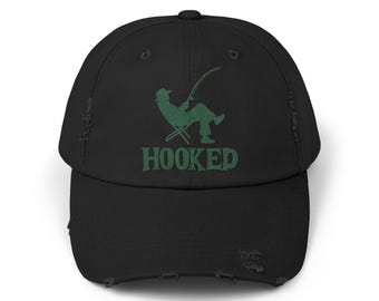 Hooked on Fishing Unisex Distressed Cap, Relaxed Angler with Rod