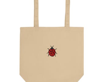 Ladybug Embroidered Eco Tote Bag | Sustainable Reusable Grocery Shopping Tote | Cute Insect Design for Eco-Friendly Living