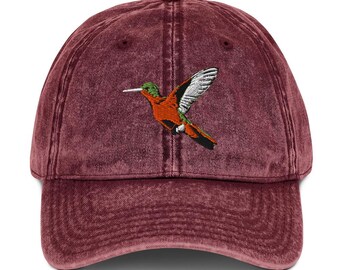 Cinnamon Hummingbird Embroidered Bird Vintage Cotton Twill Cap