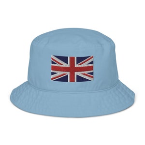 Union Jack Organic Bucket Hat, Embroidered English Flag Hat, Patriotic Eco-Friendly Streetwear, UK Pride Summer Cap