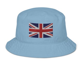 Union Jack Organic Bucket Hat, Embroidered English Flag Hat, Patriotic Eco-Friendly Streetwear, UK Pride Summer Cap
