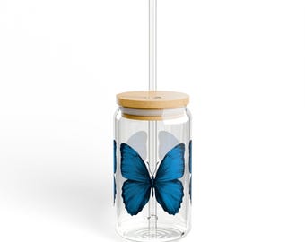 Elegant Blue Butterfly 16oz Sipper Glass , Perfect for Smoothies, Iced Coffee, Juices & Cocktails | Reusable and Eco-Friendly Drinkware