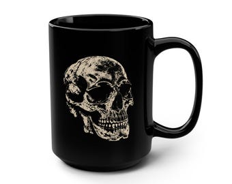 Vintage Style Skull Coffee Mug, Gothic Black Ceramic Cup, Skeleton Lover Gift, 15oz