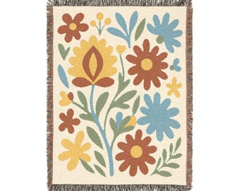 Boho Floral Woven Cotton Throw Blanket, Retro Folk Art Tapestry (100% Cotton)