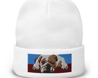 Sleeping Bulldog Embroidered Beanie, cozy warm hat for dog lovers, soft breathable fabric
