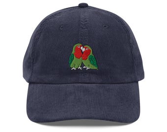 Rosy Faced Lovebirds Embroidered Corduroy Hat, Cute Bird Lover Gift, Vintage Trendy Cap for Women & Men