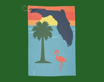 Florida Golf Towel with Palm Tree and Flamingo