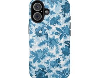 Chic French Blue Floral Tough Phone Cases for iPhone 7-16 and Samsung S21-S24