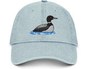 Loon Embroidered Bird Denim Hat | Adjustable Cap for Outdoor Lovers | Unique Gift for Nature Enthusiasts and Bird Watchers